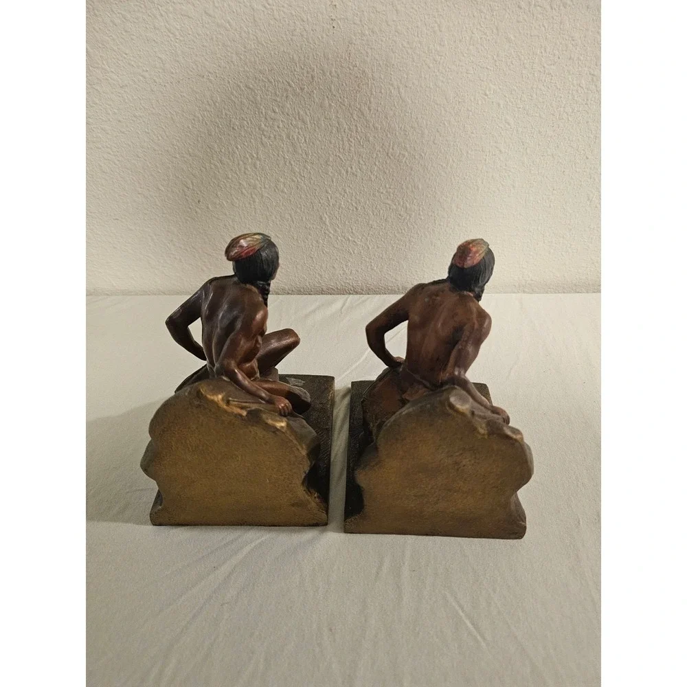 Vintage Native American Scout Cast Metal Polychrome Bookends Pair Bronze Tone